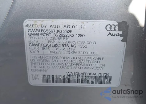 2011 Audi Q5 3.2 Premium Plus из США, поврежденный, VIN WA1DKAFP8BA075736